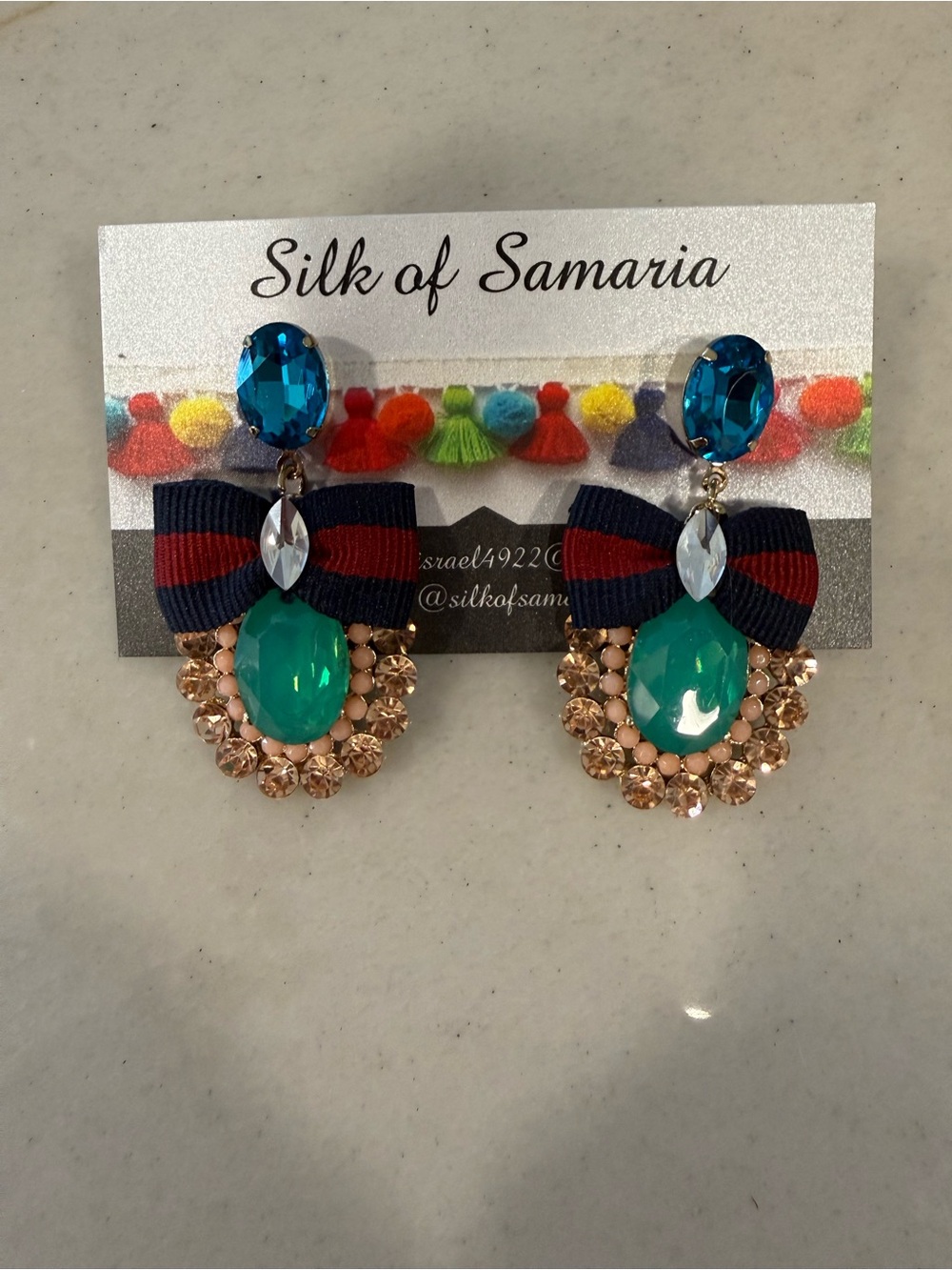 Silk of Samaria Gem Bow Drop Earrings - Teal & Navy